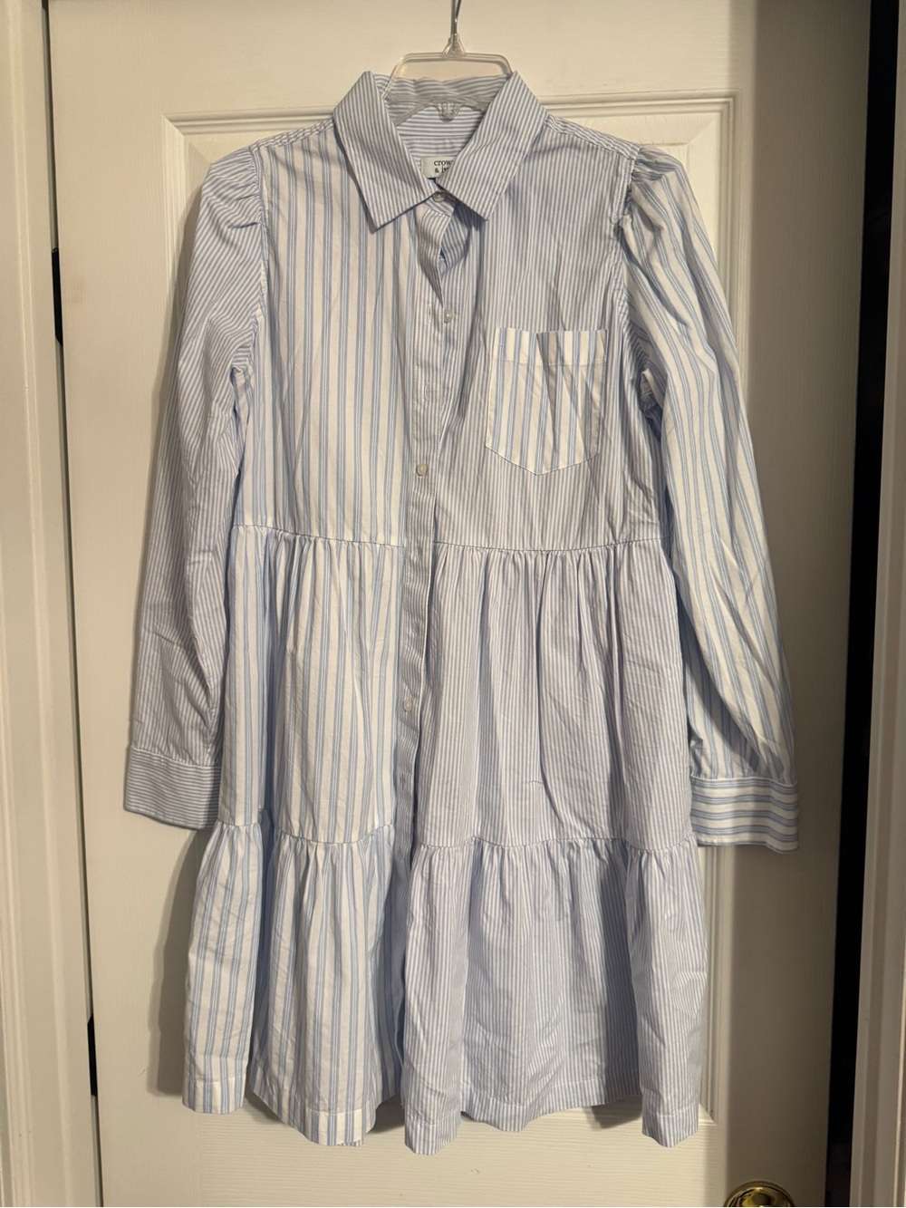 crown & ivy Blue and White Striped Tiered Shirt Dress